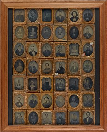 (PHOTOGRAPHERS DISPLAYS) Pair of framed photographs, including a period wooden photographers display frame with 24 ninth-plates,